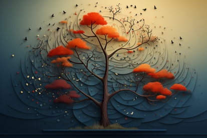 A tree with orange leaves and birds flying around it