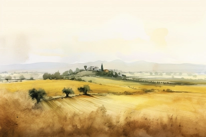 A watercolor of a farm land