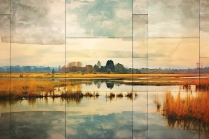 A water with grass and trees in the background