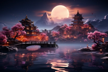 a bridge over a body of water with a pagoda and a full moon