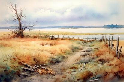 A watercolor painting of a dirt road and a lake