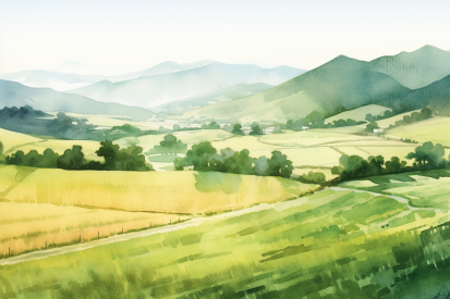 A watercolor of a landscape with hills and trees