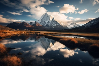 A mountain range with a lake and clouds in the sky