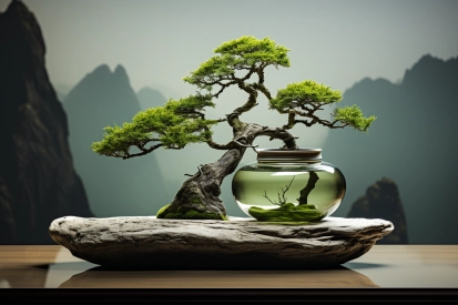 A bonsai tree in a glass jar