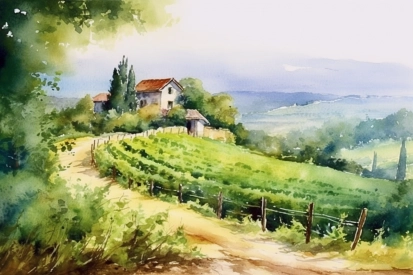 A watercolor painting of a house and a farm