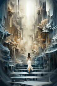 A woman in a white dress standing on a staircase in a city