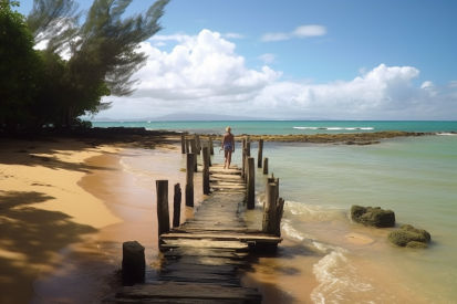 A person walking on a wooden bridge over a beach