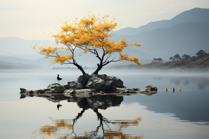 A tree on a small island in the middle of a lake