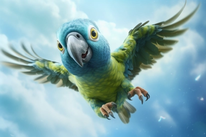 A blue and green parrot flying in the sky