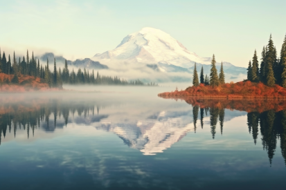 A mountain with trees and a lake