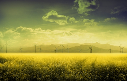 Landscape panorama with wind turbines