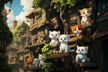 a group of cats on a wooden building
