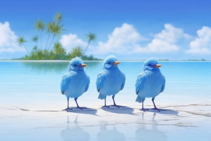A group of blue birds standing on a beach