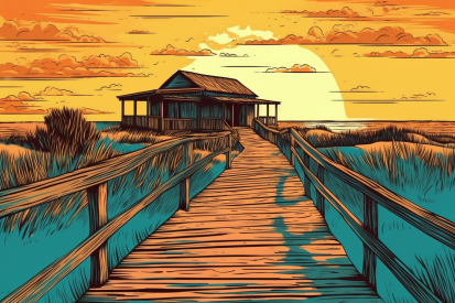A wooden walkway leading to a house