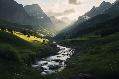 A river running through a valley with mountains in the background