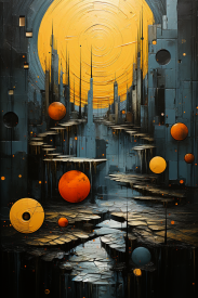 A painting of a city with orange circles and a yellow circle