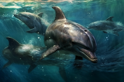 A group of dolphins swimming in the water