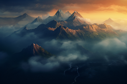 A mountain range with clouds and sun