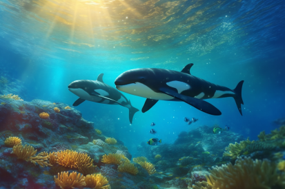 A group of whales swimming under water