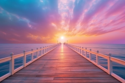 A wooden pier with railings and a sunset