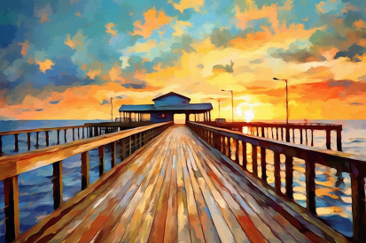 A painting of a pier with a building and water