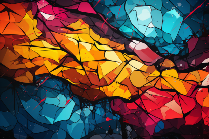A colorful stained glass with red and blue lines