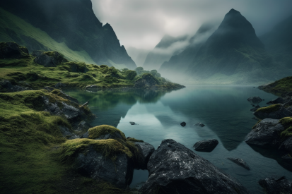 A body of water with mountains and grass