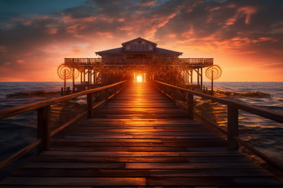 A wooden walkway leading to a building with lights