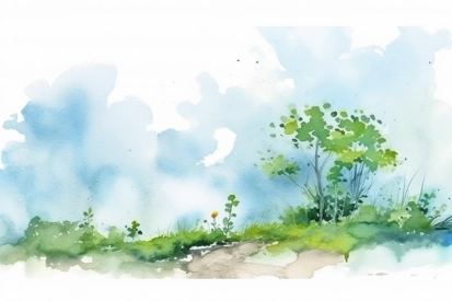 Watercolor painting of a landscape with trees and grass