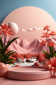 A pink landscape with flowers and mountains