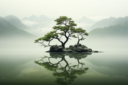 A tree on a small island in water