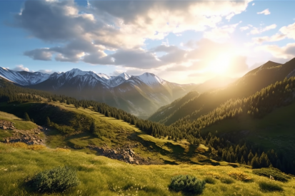 A landscape of a mountain range with trees and mountains in the background