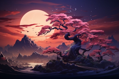 A tree with pink flowers on a hill with mountains and a moon