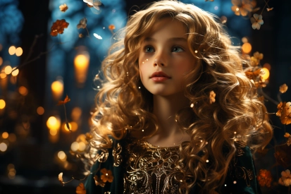 a girl with long curly hair and gold dress