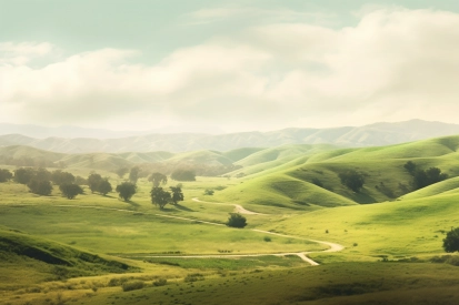A green rolling hills with trees and a road