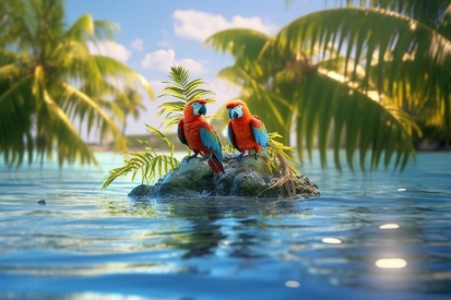 Two parrots on a rock in the water