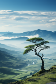 A tree on a hill with mountains in the background