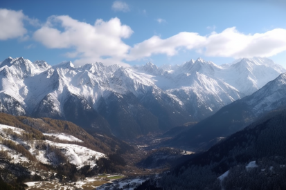 A snowy mountain range with trees and a valley