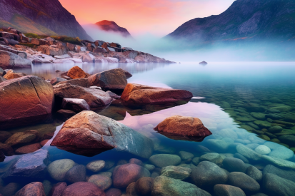 A rocky shore with water and mountains in the background