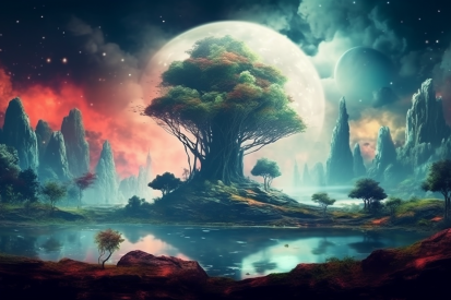 A tree on a small island with water and a moon