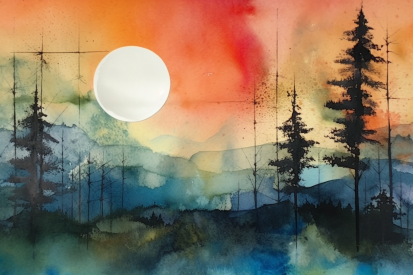 A watercolor painting of a forest and the sun