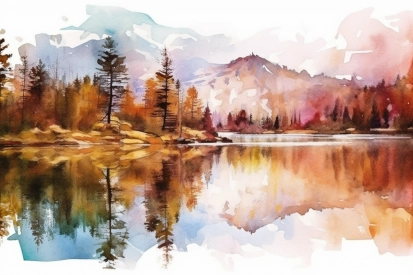 A watercolor painting of a lake with trees and mountains in the background