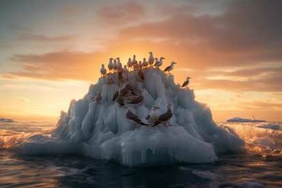 A group of birds on an iceberg