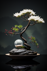A bonsai tree with white flowers and a glass ball on a rock