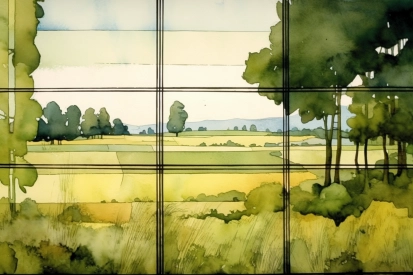A watercolor painting of a field and trees