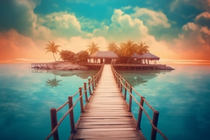 A bridge over water with palm trees and huts