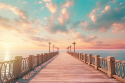 A long wooden walkway leading to the ocean