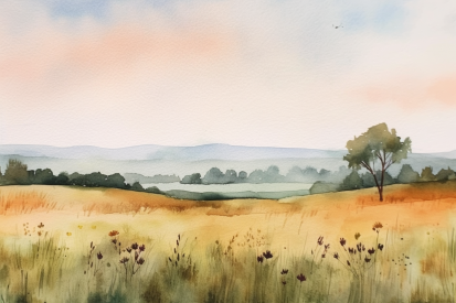 A watercolor painting of a field of grass and trees
