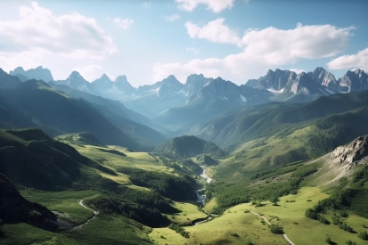 A green valley with mountains and trees