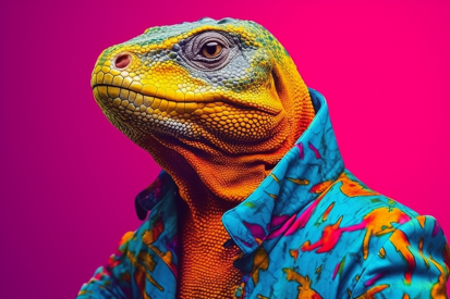 A lizard wearing a colorful shirt